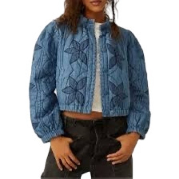 Free People Jackets & Blazers - Free People Quinn Quilted Denim Jacket XS NWT Blue Floral Embroidered Boho